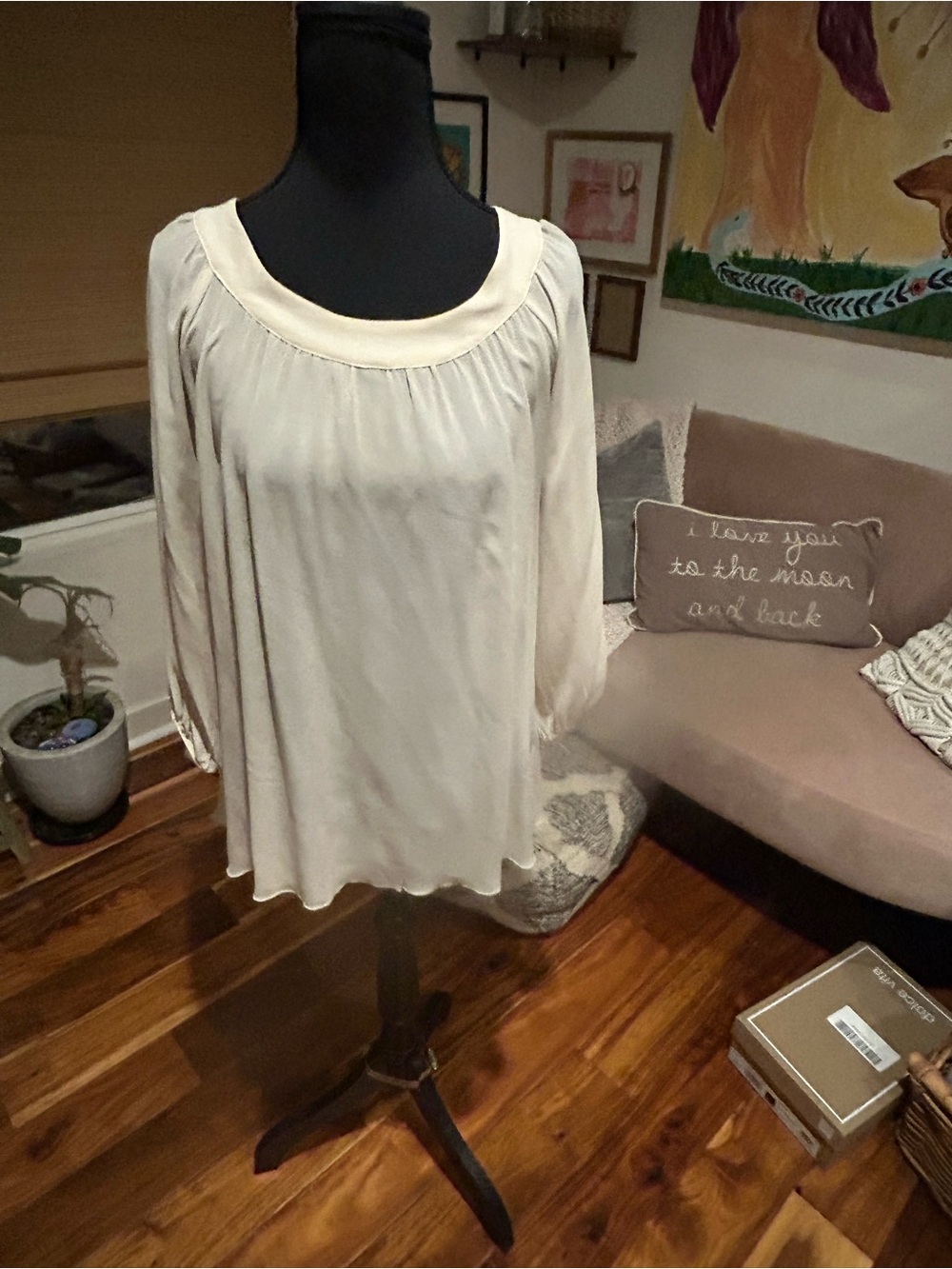 Women’s silk Cream Scoop Neck Long-Sleeve Blouse — Lightweight Gathered Top